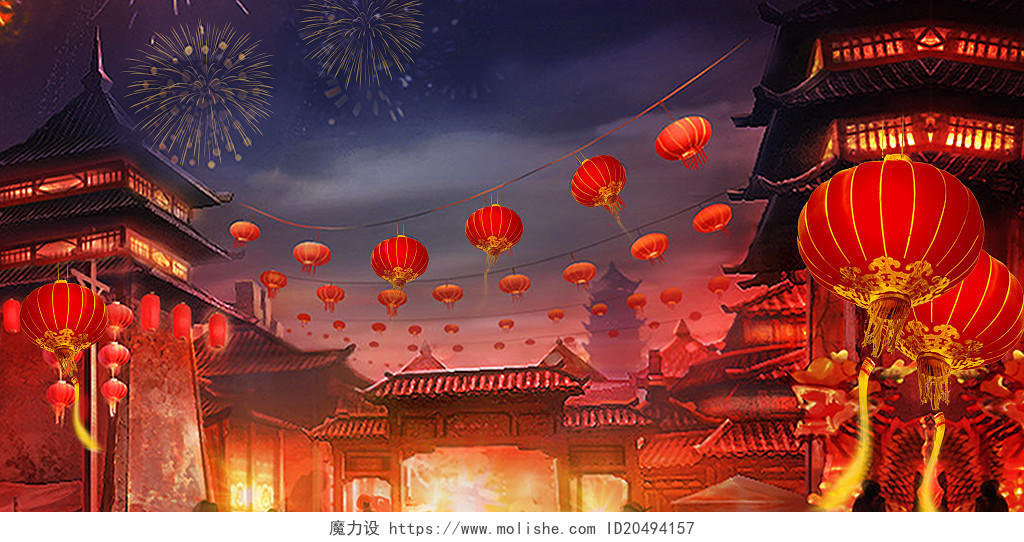 红色喜庆中国风灯笼古建筑小年元宵光晕海报背景小年元宵创意背景
